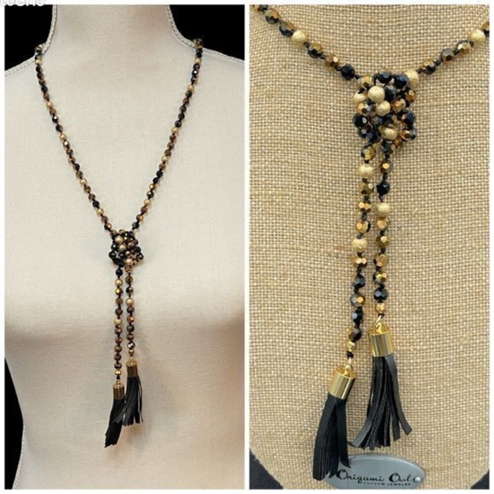 Gennaro Beaded Tassel Lariat Necklace Brown and Gold New
